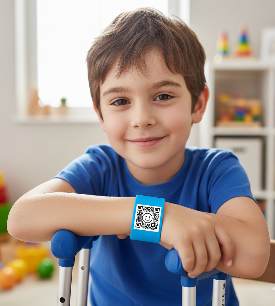 Child wearing a QR emergency bracelet